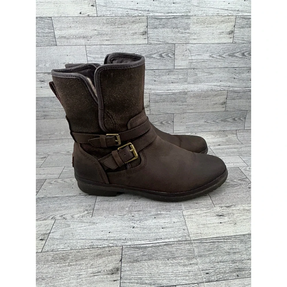 UGG Simmens Waterproof Stout Brown Leather Suede Moto Boots‎ 1008439 Women Sz 10